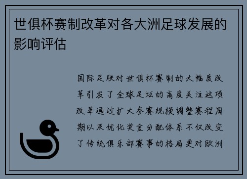 世俱杯赛制改革对各大洲足球发展的影响评估